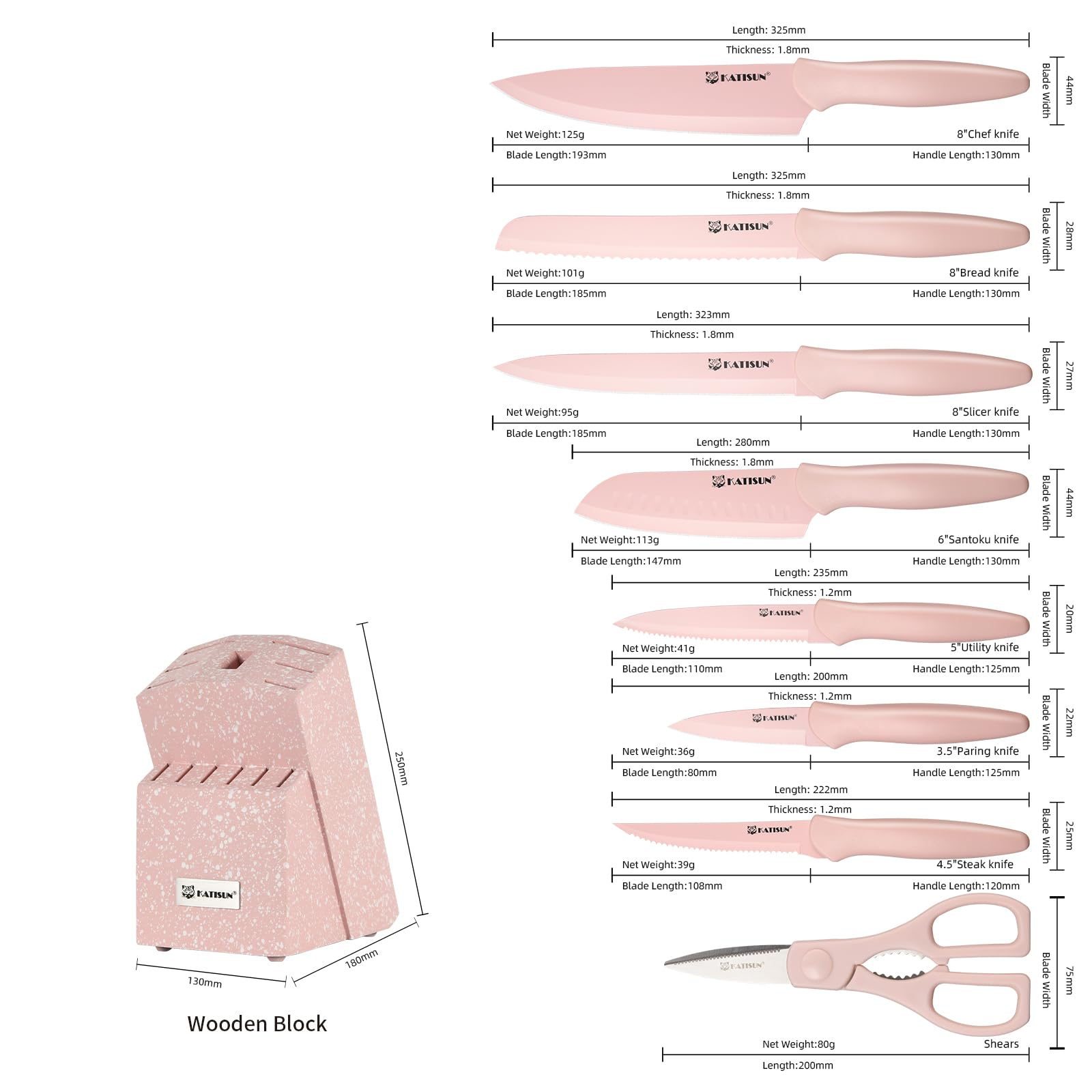 Set de Couteaux de Cuisine 14 Pièces | Acier Inoxydable | Rose