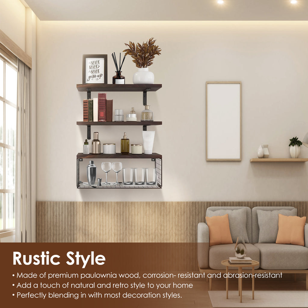 Étagères Flottantes 2-en-1 | Bois & Panier de Rangement | Style Rustique