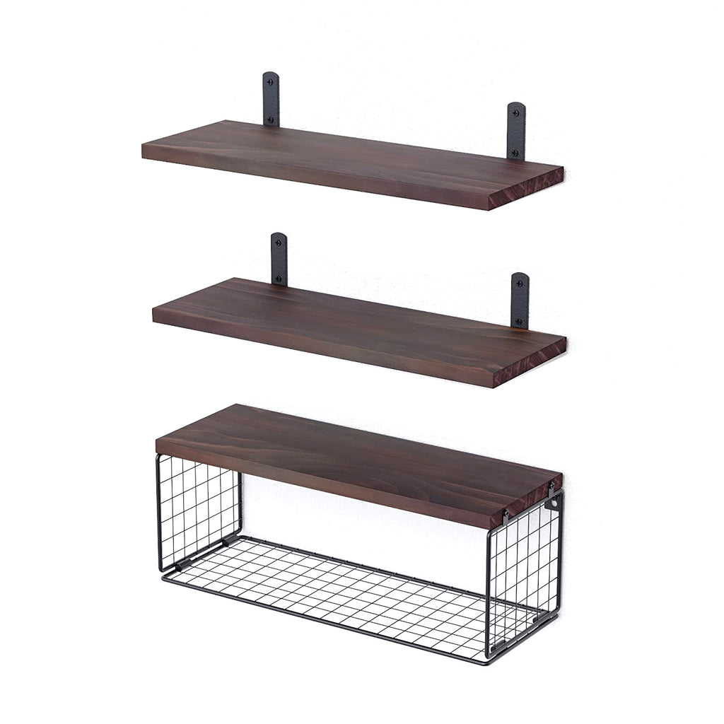 Étagères Flottantes 2-en-1 | Bois & Panier de Rangement | Style Rustique