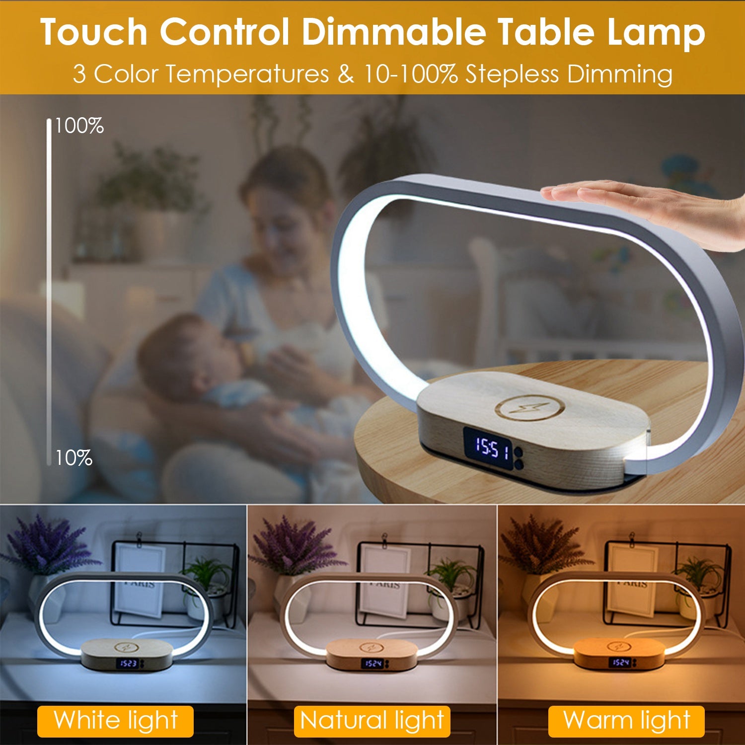 Lampe de Chevet Touch | Recharge Sans Fil & Horloge LED