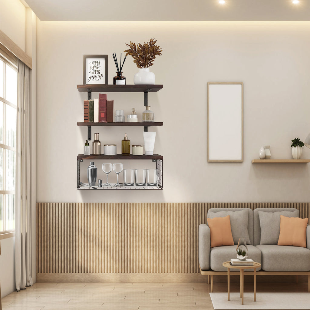 Étagères Flottantes 2-en-1 | Bois & Panier de Rangement | Style Rustique