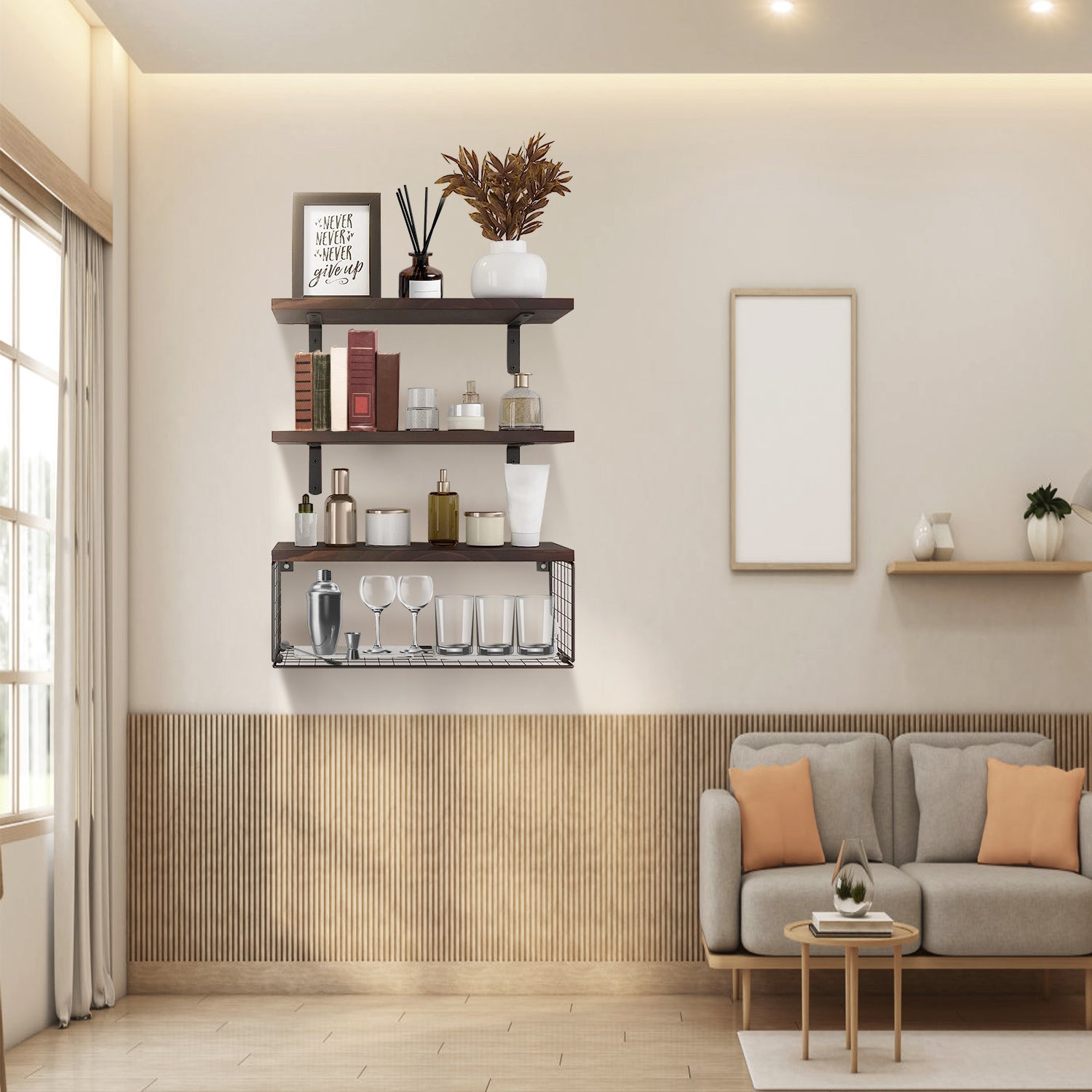 Étagères Flottantes 2-en-1 | Bois & Panier de Rangement | Style Rustique