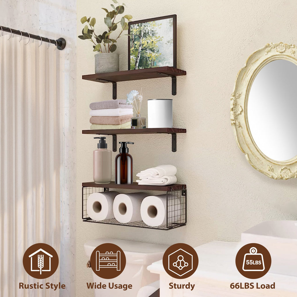 Étagères Flottantes 2-en-1 | Bois & Panier de Rangement | Style Rustique