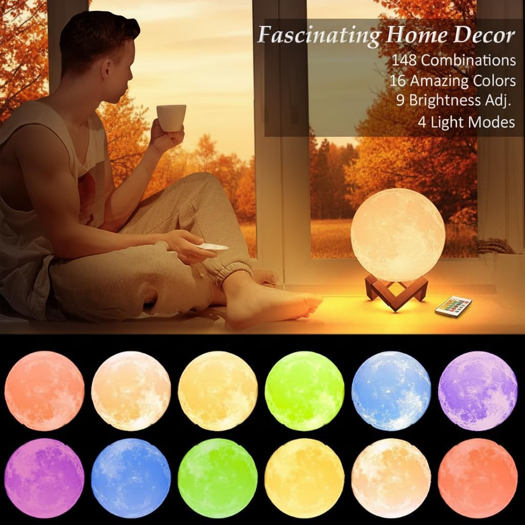 Lampe Lune LED 16 Couleurs | Veilleuse avec Télécommande & Socle