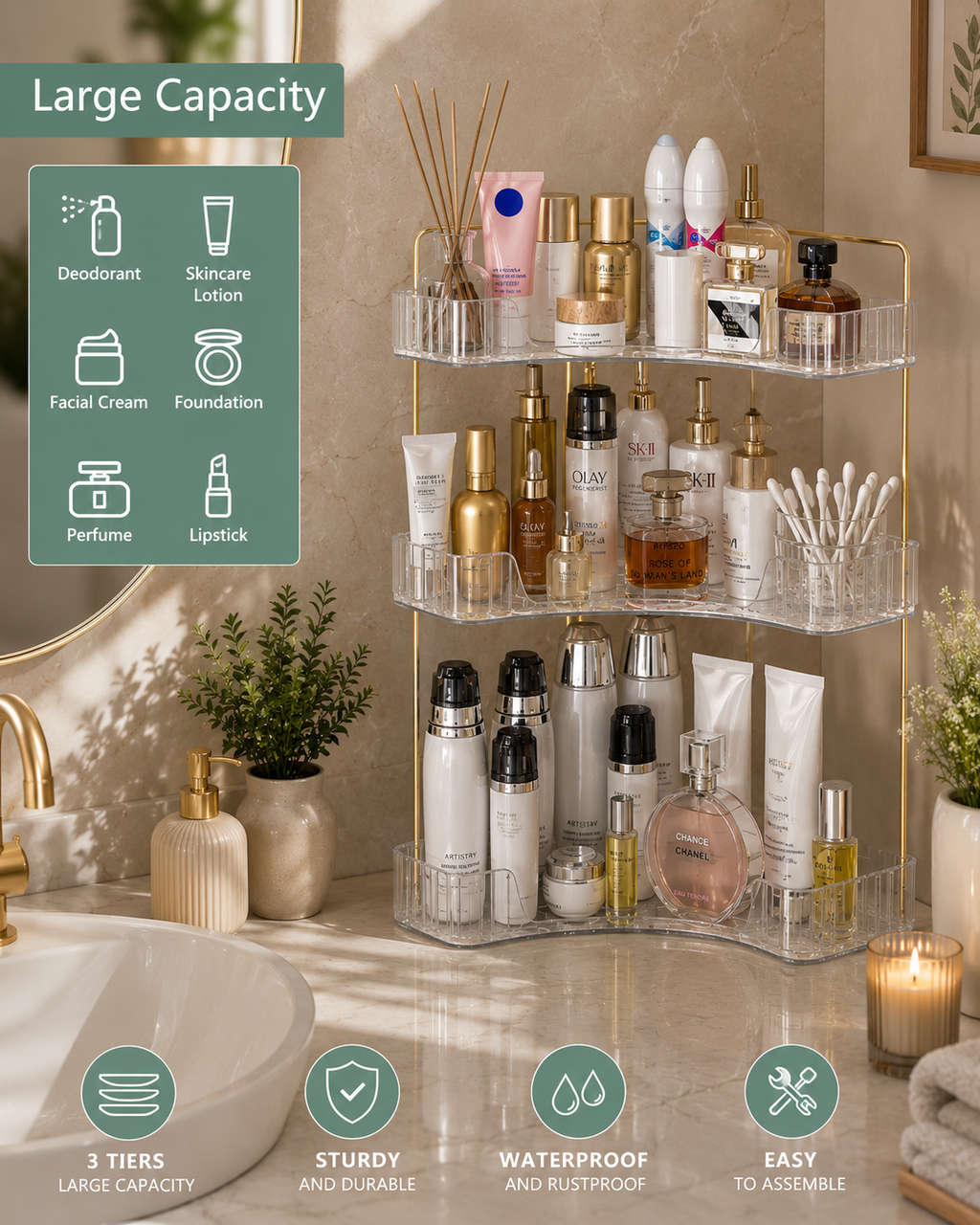 Organisateur d'Angle 3 Niveaux | Salle de Bain & Coiffeuse | Transparent