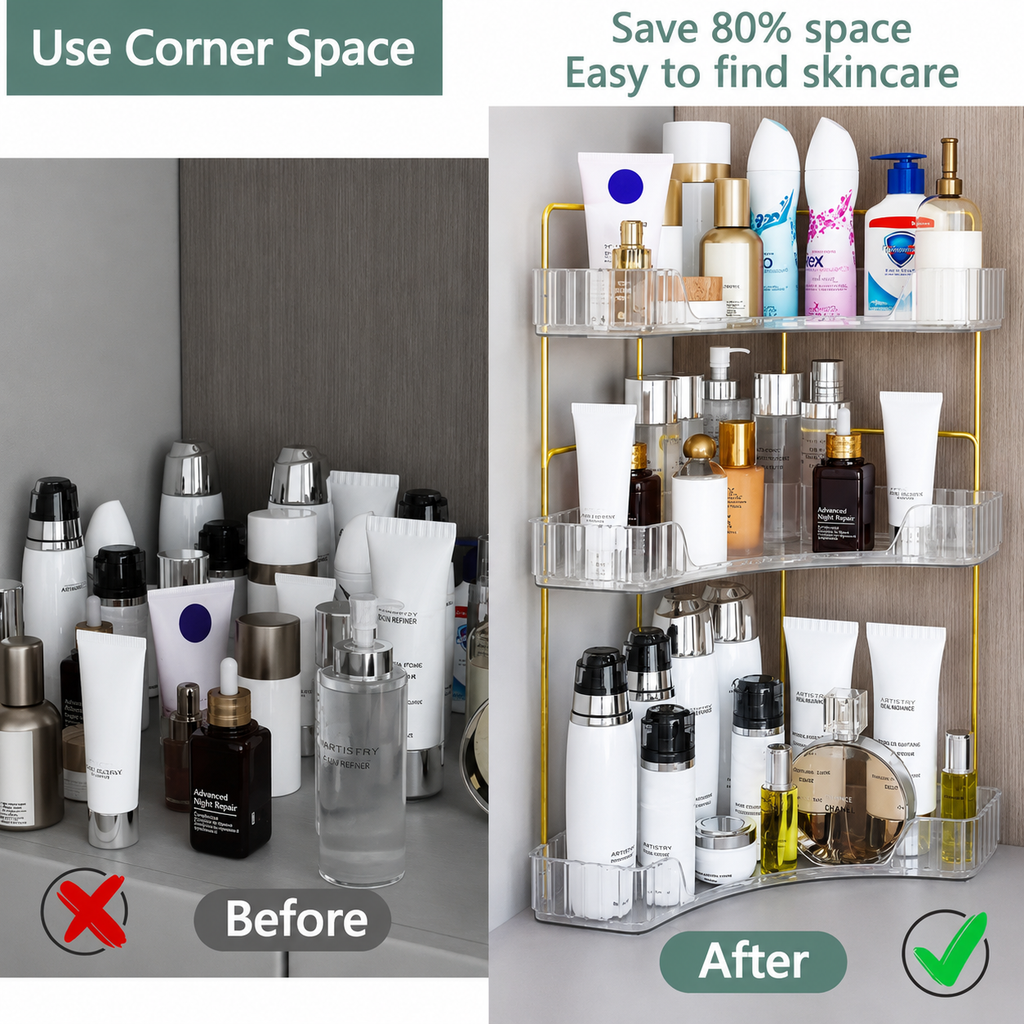 Organisateur d'Angle 3 Niveaux | Salle de Bain & Coiffeuse | Transparent