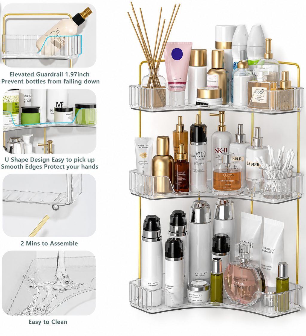 Organisateur d'Angle 3 Niveaux | Salle de Bain & Coiffeuse | Transparent