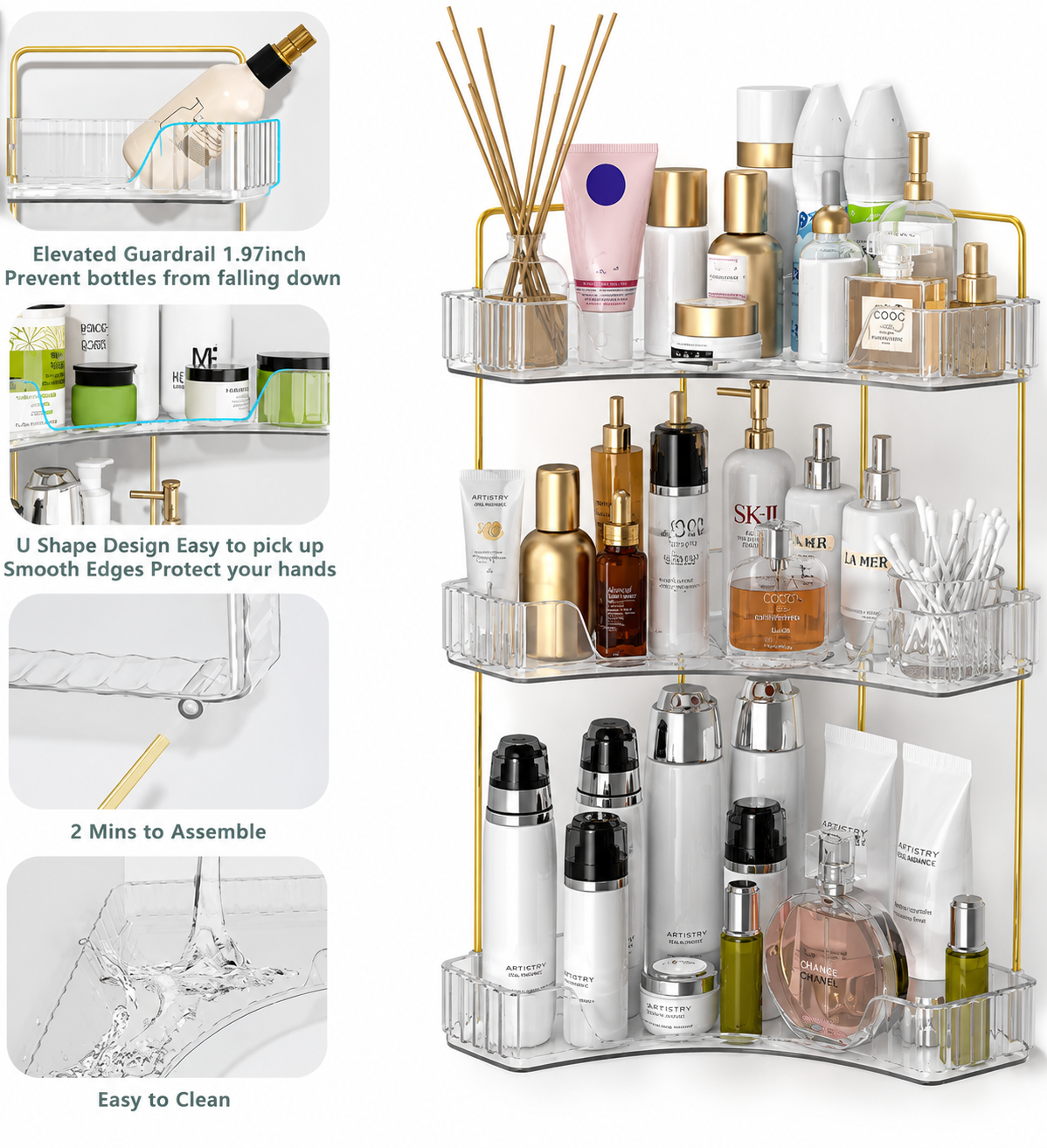 Organisateur d'Angle 3 Niveaux | Salle de Bain & Coiffeuse | Transparent