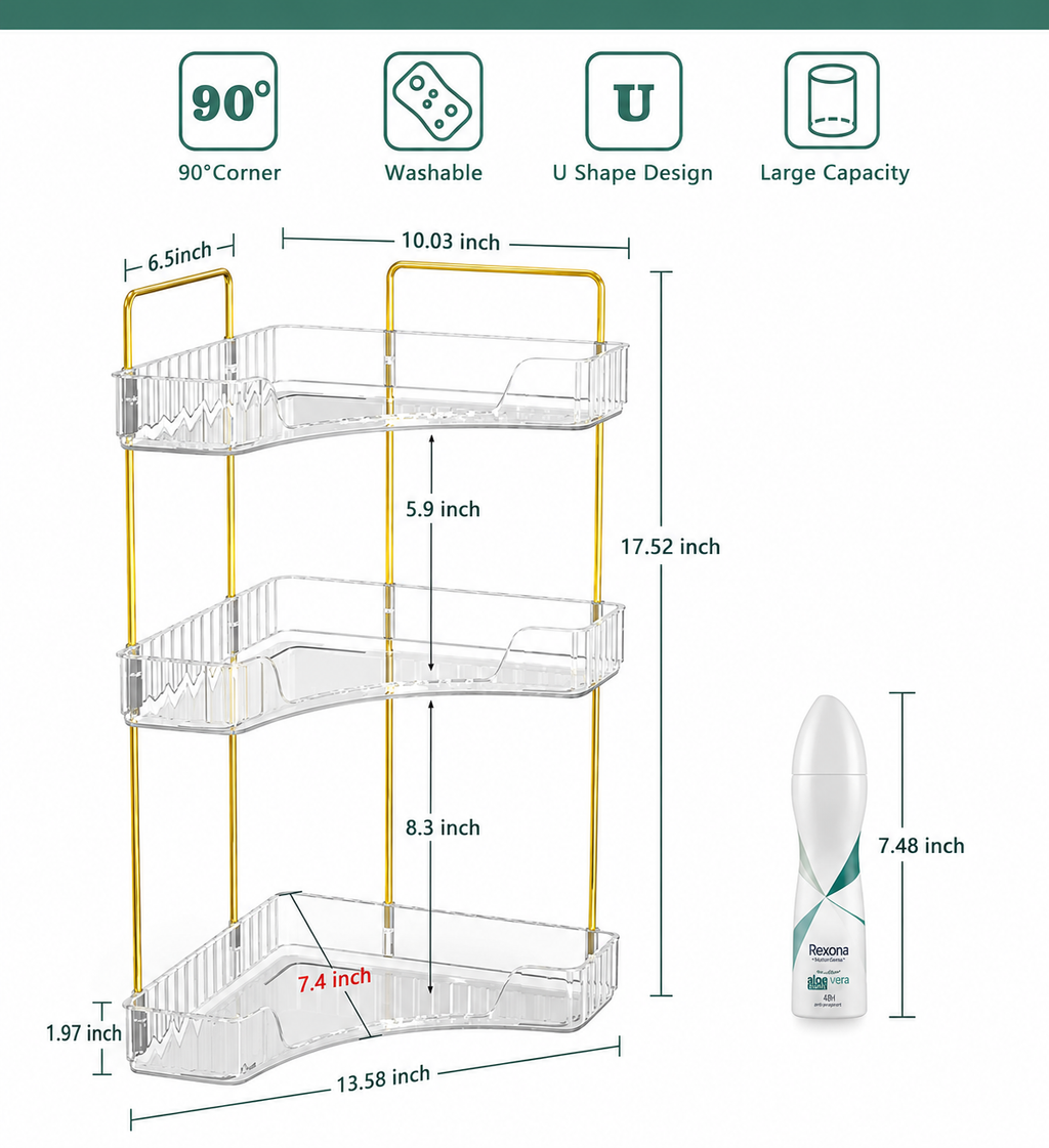 Organisateur d'Angle 3 Niveaux | Salle de Bain & Coiffeuse | Transparent