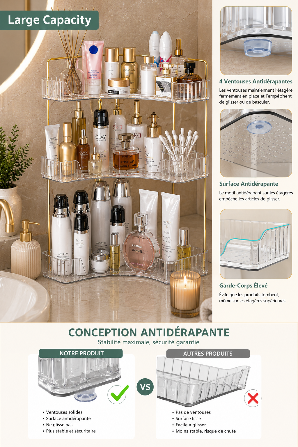 Organisateur d'Angle 3 Niveaux | Salle de Bain & Coiffeuse | Transparent