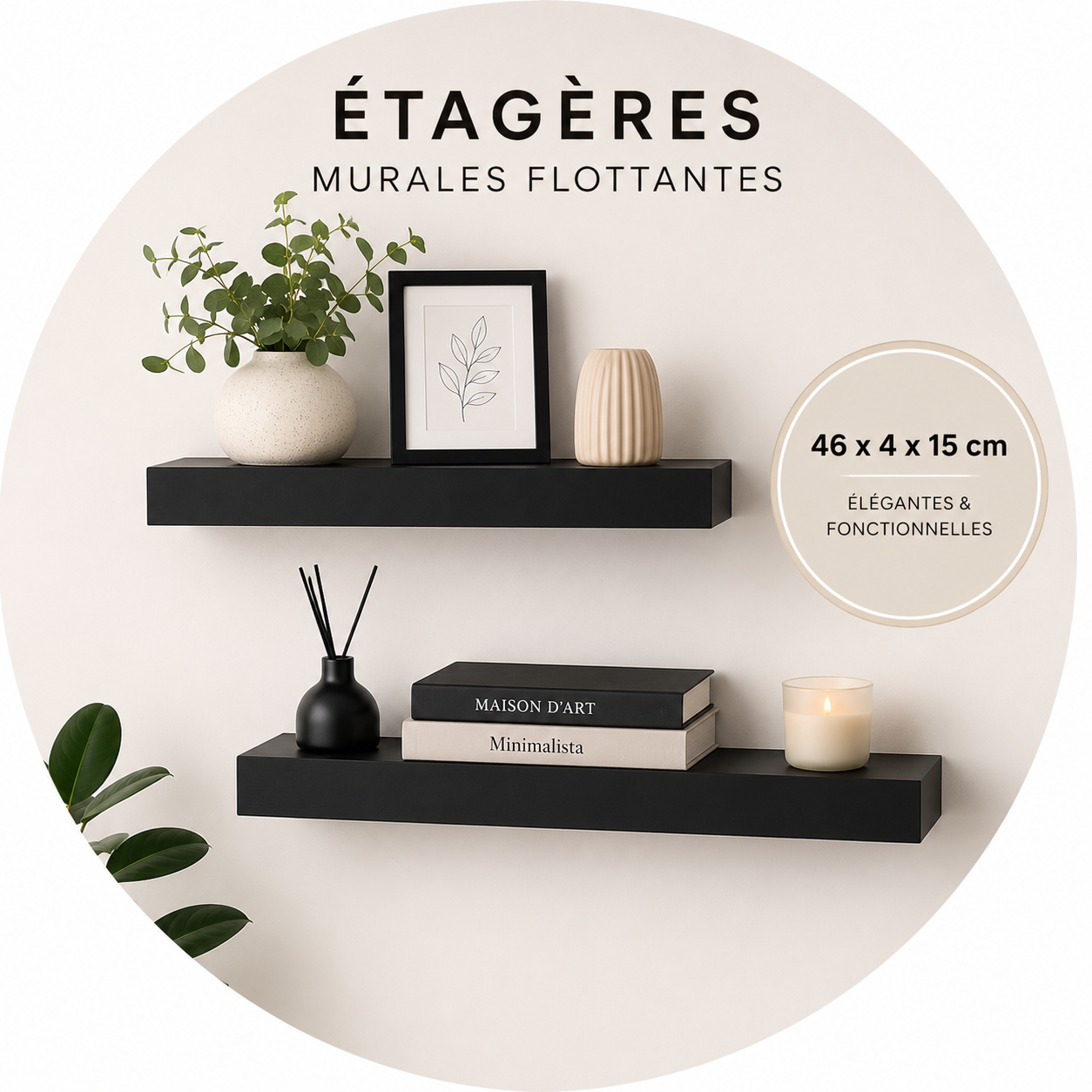 Étagères Flottantes Murales 46 cm | Supports Invisibles | Noir