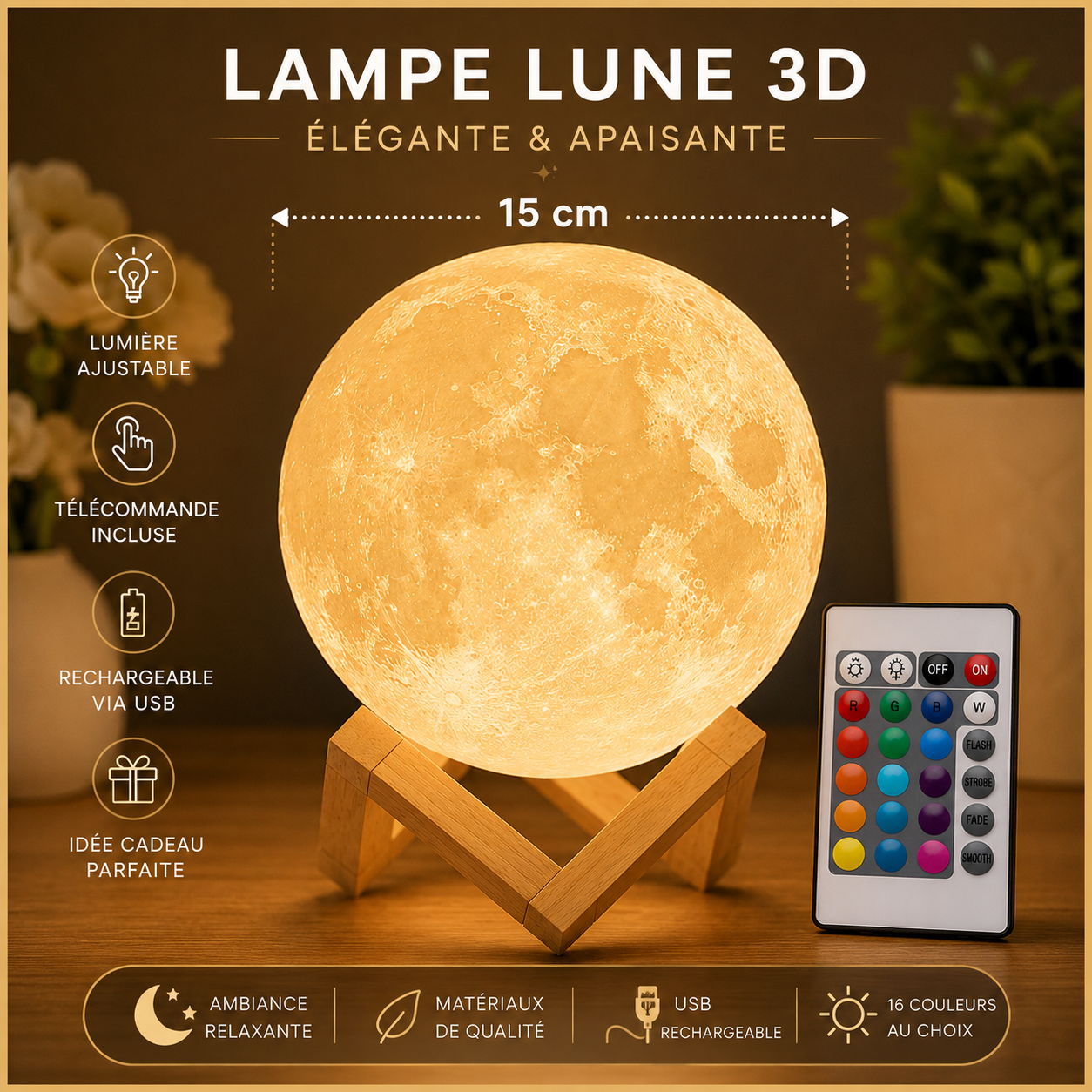 Lampe Lune LED 16 Couleurs | Veilleuse avec Télécommande & Socle