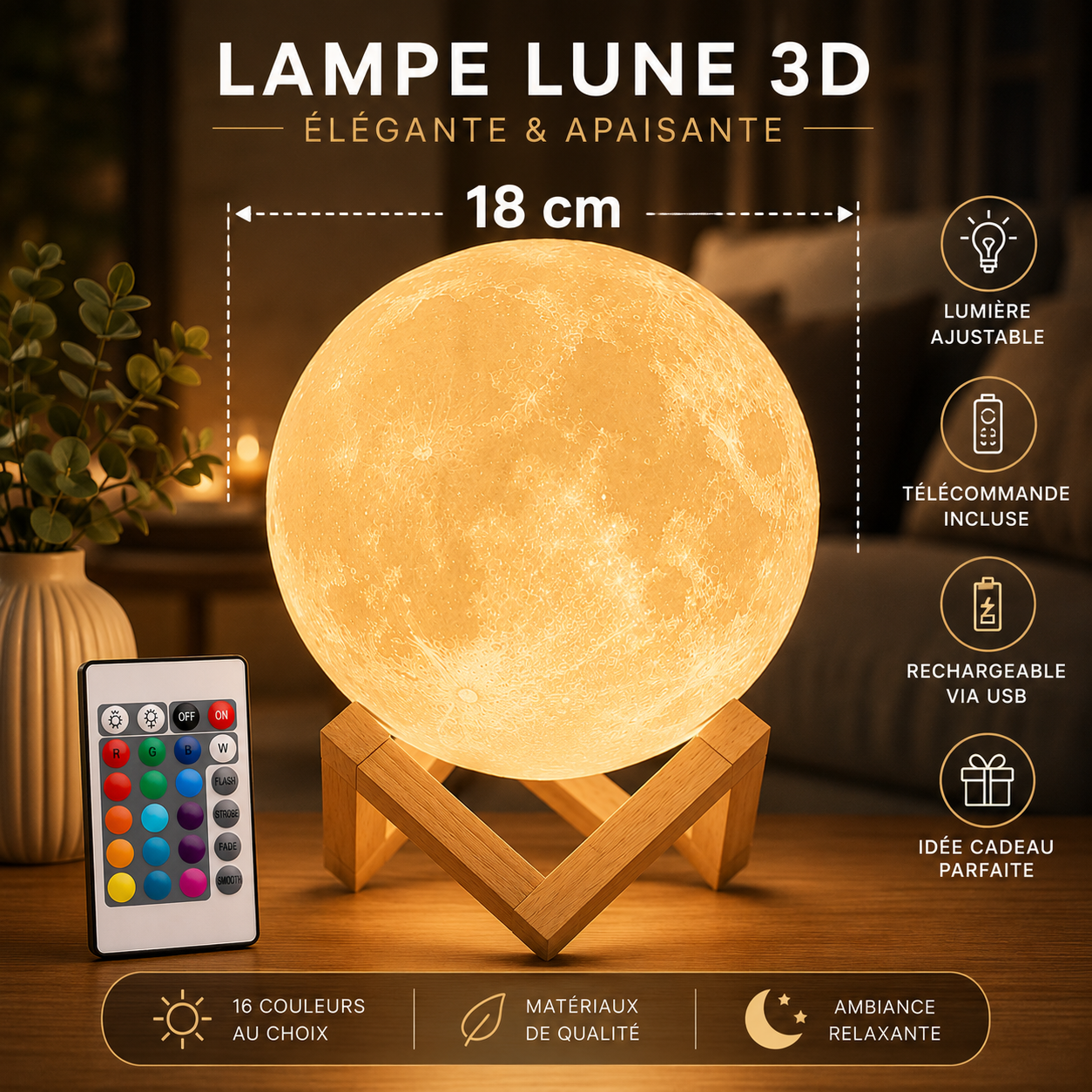 Lampe Lune LED 16 Couleurs | Veilleuse avec Télécommande & Socle