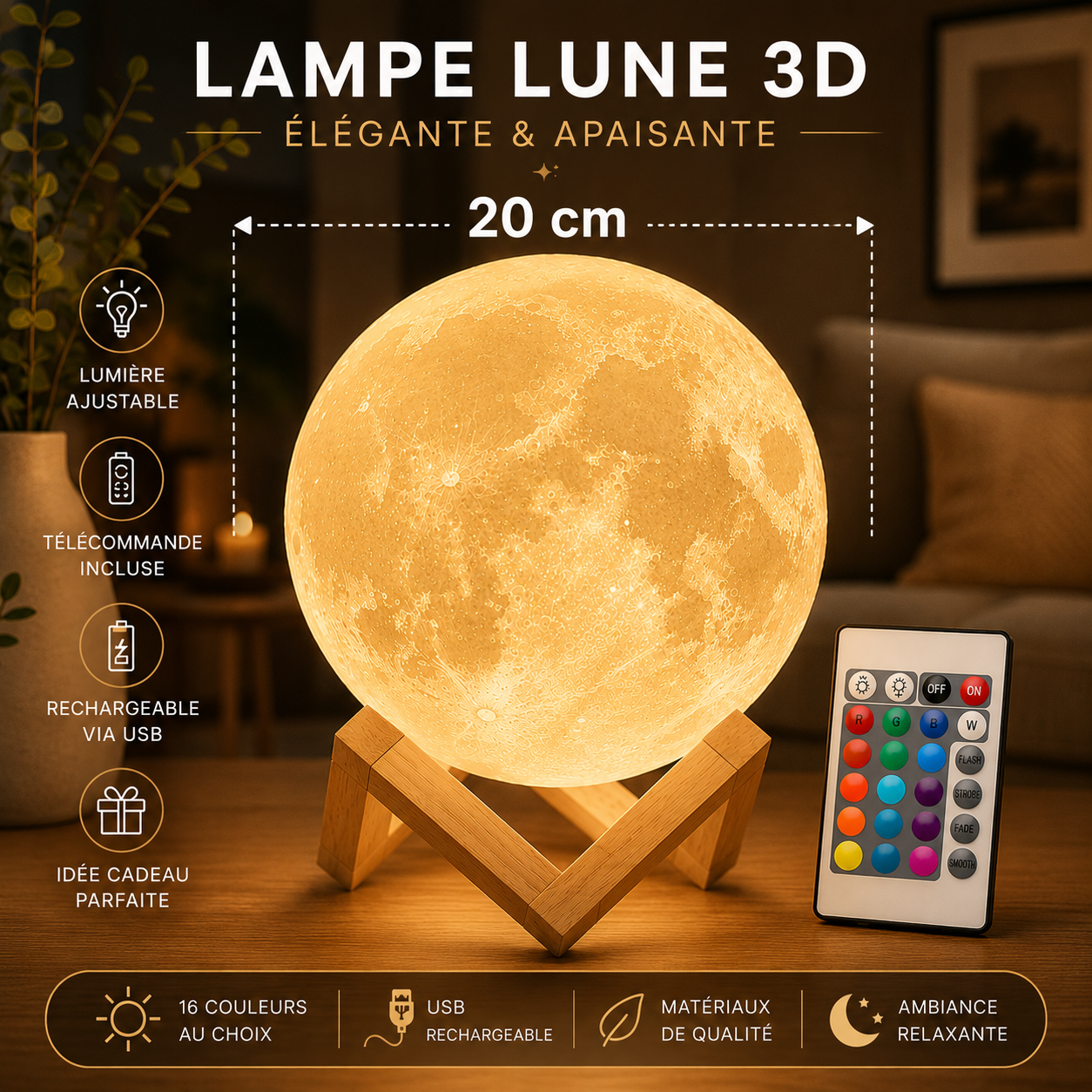 Lampe Lune LED 16 Couleurs | Veilleuse avec Télécommande & Socle