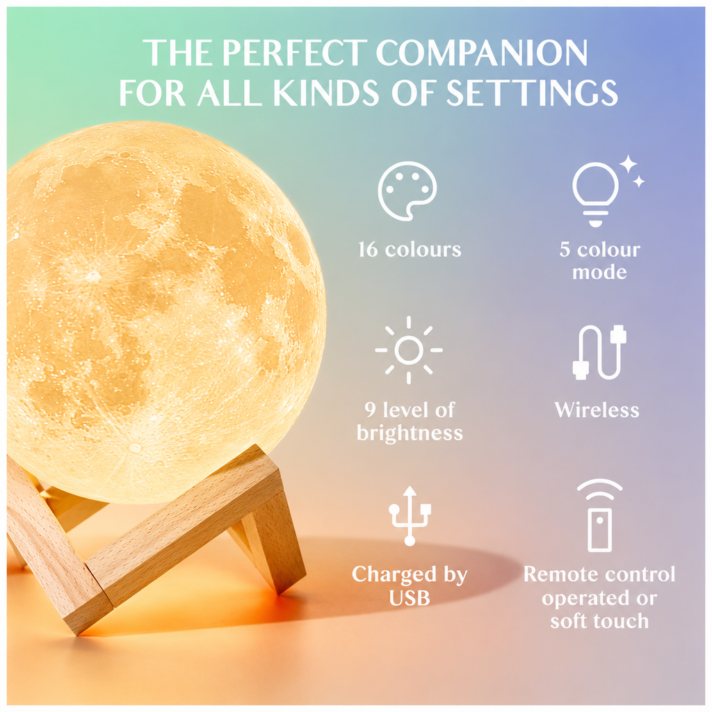 Lampe Lune LED 16 Couleurs | Veilleuse avec Télécommande & Socle