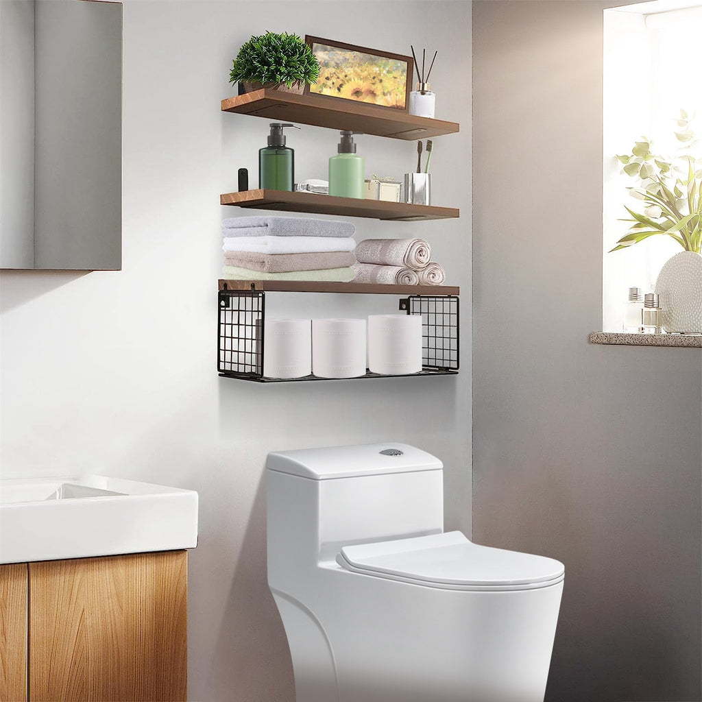 Étagères Flottantes 2-en-1 | Bois & Panier de Rangement | Style Rustique