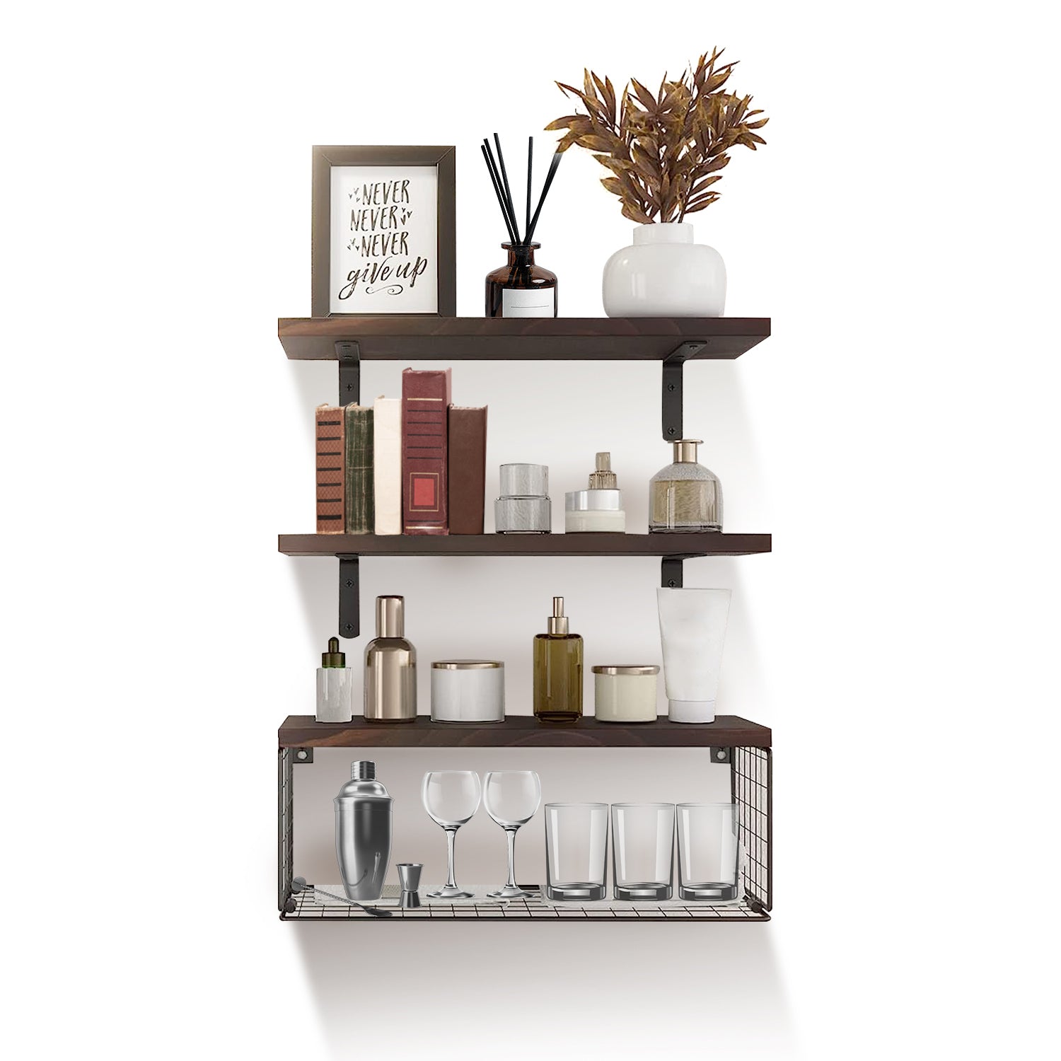 Étagères Flottantes 2-en-1 | Bois & Panier de Rangement | Style Rustique
